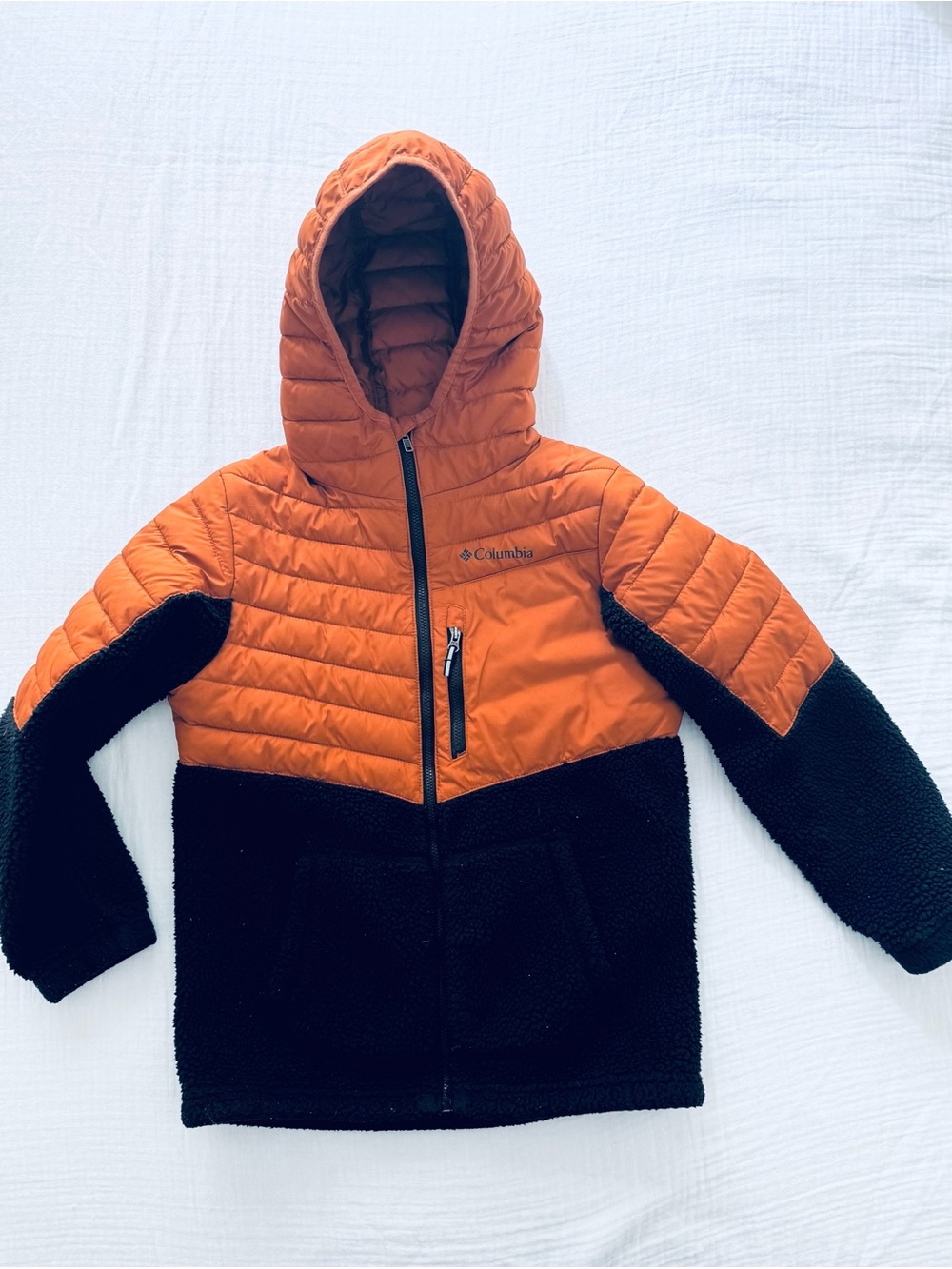 Columbia Kids Boys' Powder Lite SZ M Puffer-Fleece Hooded Jacket Orange + Black